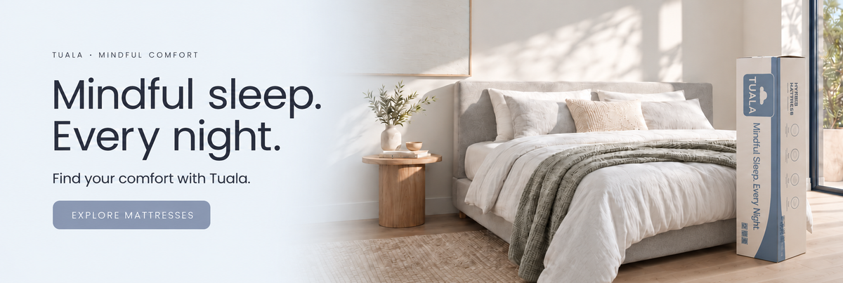 Mindful sleep. Every night. Find your comfort with Tuala. A calm bedroom with upright Tuala mattress packaging.